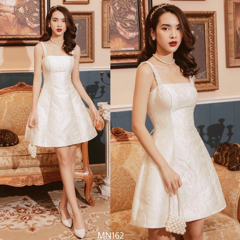 Đầm trắng | Đầm gấm hoa xoè | Đầm hai dây thắt bính dễ thương | Đầm dự tiệc đi chơi sang trọng - MN162 - Đầm Váy Mina | BigBuy360 - bigbuy360.vn