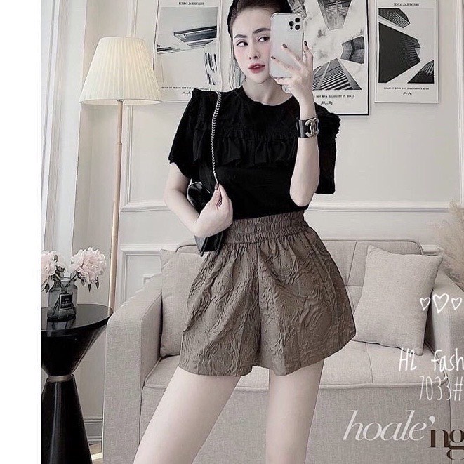 Quần Short NữLưng Cao Ống Rộng Vải Xốp Phồng Cao Cấp Dập Nổi 3D , Quần Đùi Xốp Nữ Mặc Nhà Cạp Chun Đẹp