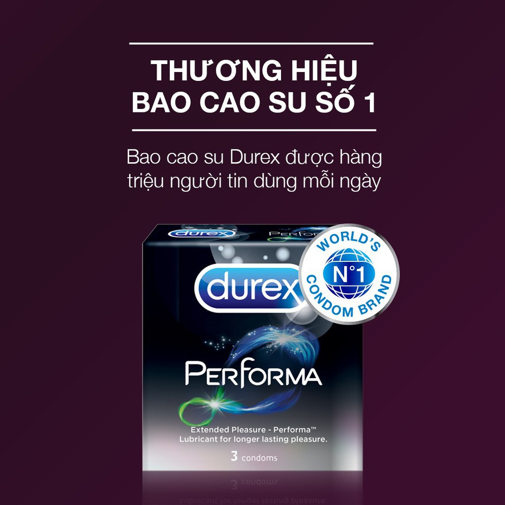 Bao cao su DUREX PERFORMA Hộp 3 cái Kéo dài thời gian yêu- CHÍNH HÃNG (Khuyến mãi 1K)
