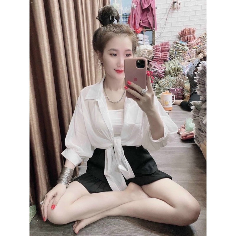Áo Sơ Mi Voan Tay Lửng Buộc Nơ Áo Khoác Croptop Đi Biển Du Lịch Đen Trắng Tím DRASM23