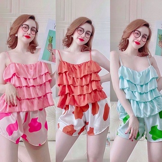 Bộ đồ ngủ lụa pijama áo dây tầng quần đùi mặc nhà siêu dễ thương
