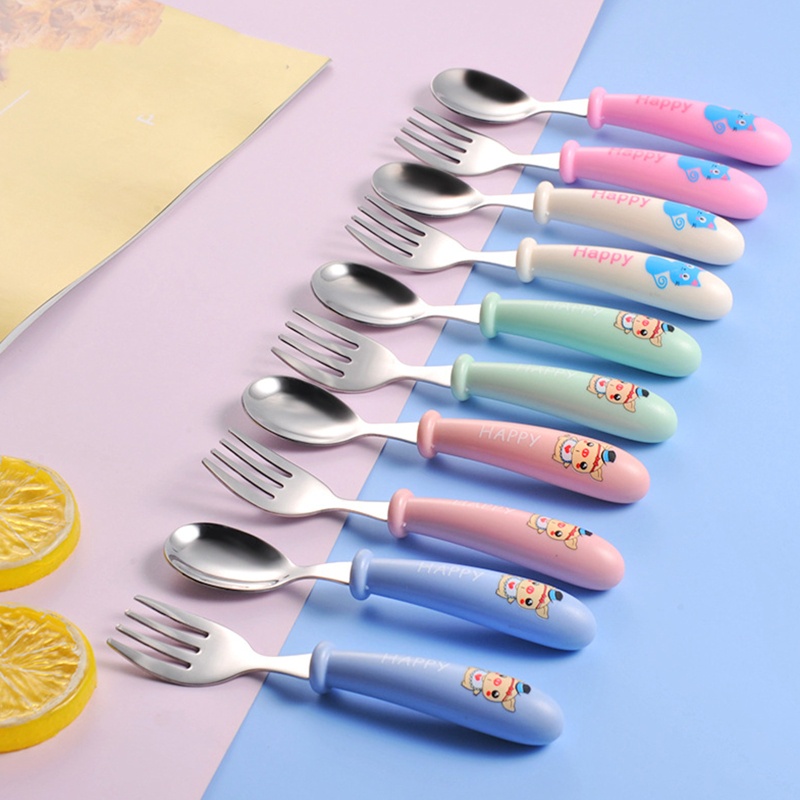 Bộ Muỗng Nĩa Bằng Thép Không Gỉ Họa Tiết Hoạt Hình Dễ Thương Cho Bé
