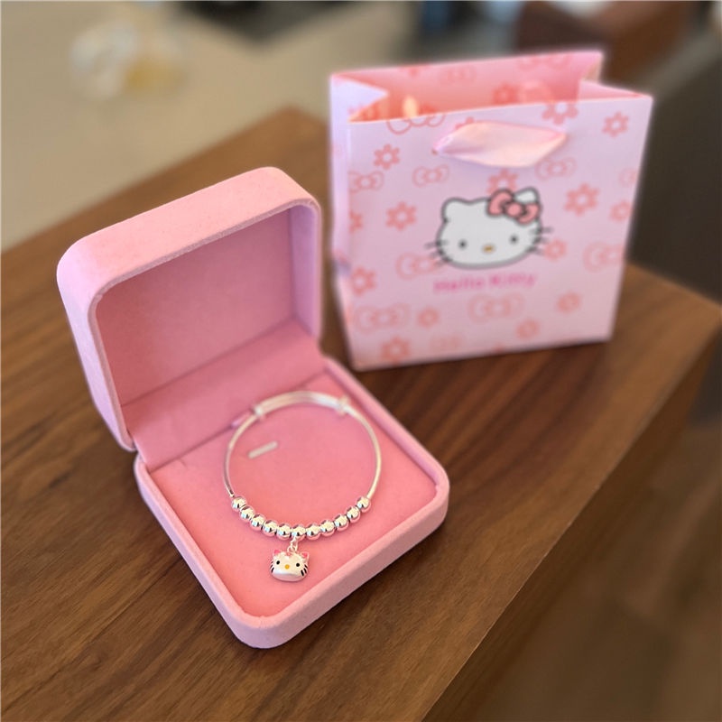 Vòng Tay Bạc Sterling Hình Mèo Kitty Dễ Thương Ngọt Ngào Cho Người Lớn Và Trẻ Em