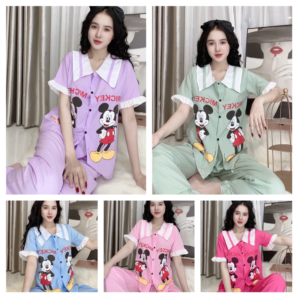 Đồ Bộ Pijama Tay Ngắn Vải Kate Lụa Cổ Vuông Hình Mickey Mại Mại Freesize Dưới 58Kg