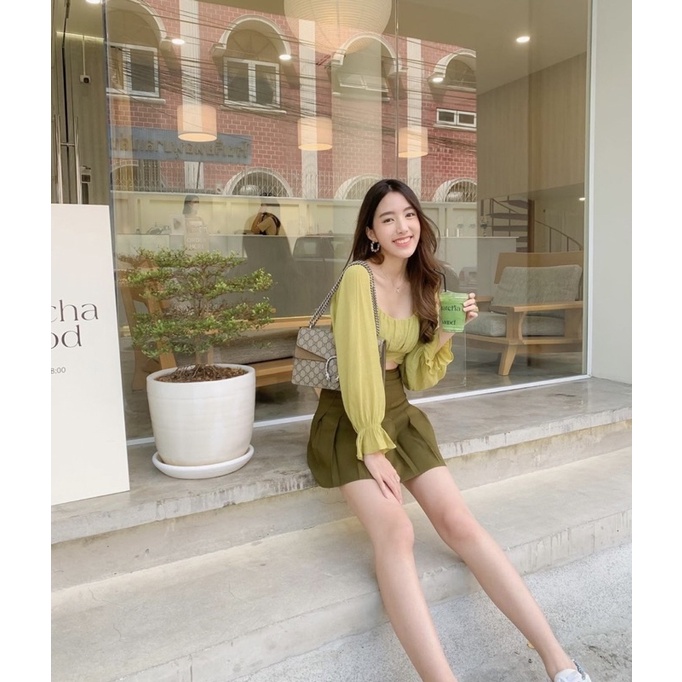 SET ÁO VÀNG CROPTOP CHUN + CHÂN VÁY XẾP LY RÊU TÂY (TH)
