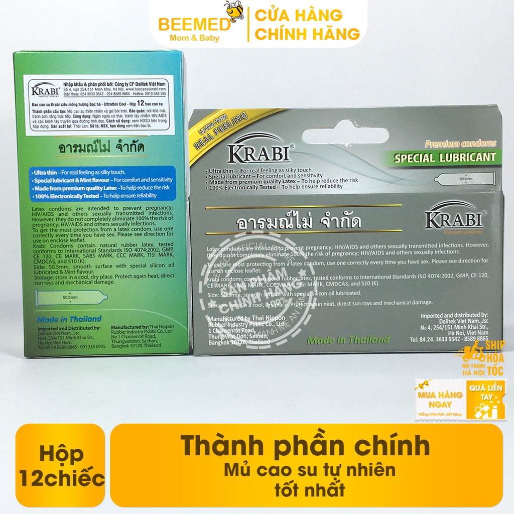 Bao cao su Krabi - bcs gân gai siêu mỏng, kéo dài thời gian và bôi trơn, 49mm đôn dên - Hộp 12 chiếc condom từ Thái Lan