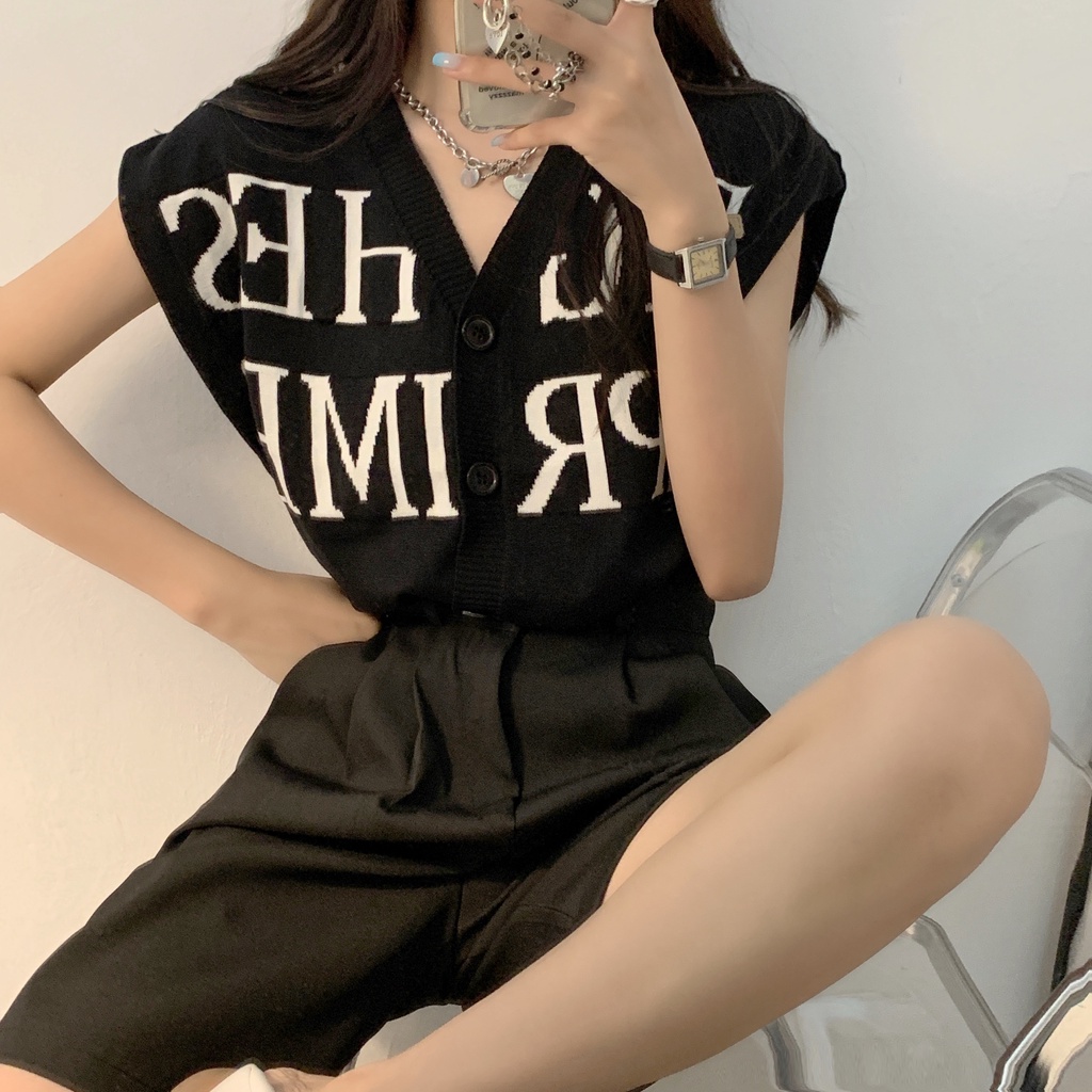 Áo dệt kim ZHELIHANGFEI sát nách dáng rộng in chữ cá tính trẻ trung cho bạn gái