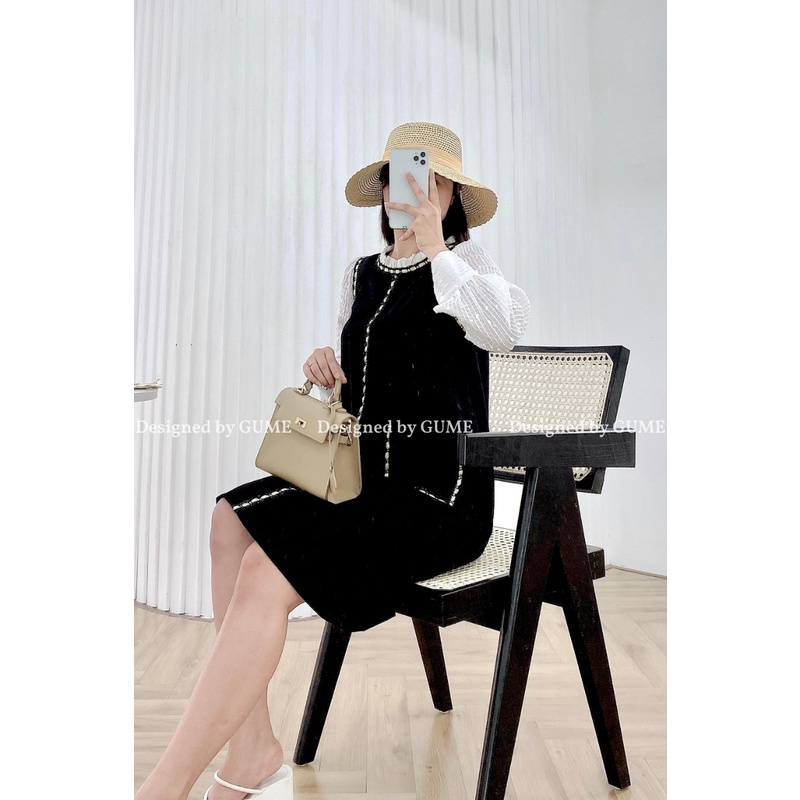 Váy bầu bigsize - Đầm bầu thiết kế GuMemàu Đen dây dọc kim tuyến phối tay trắng vải tuyết mưa size 40-100kg  MB193