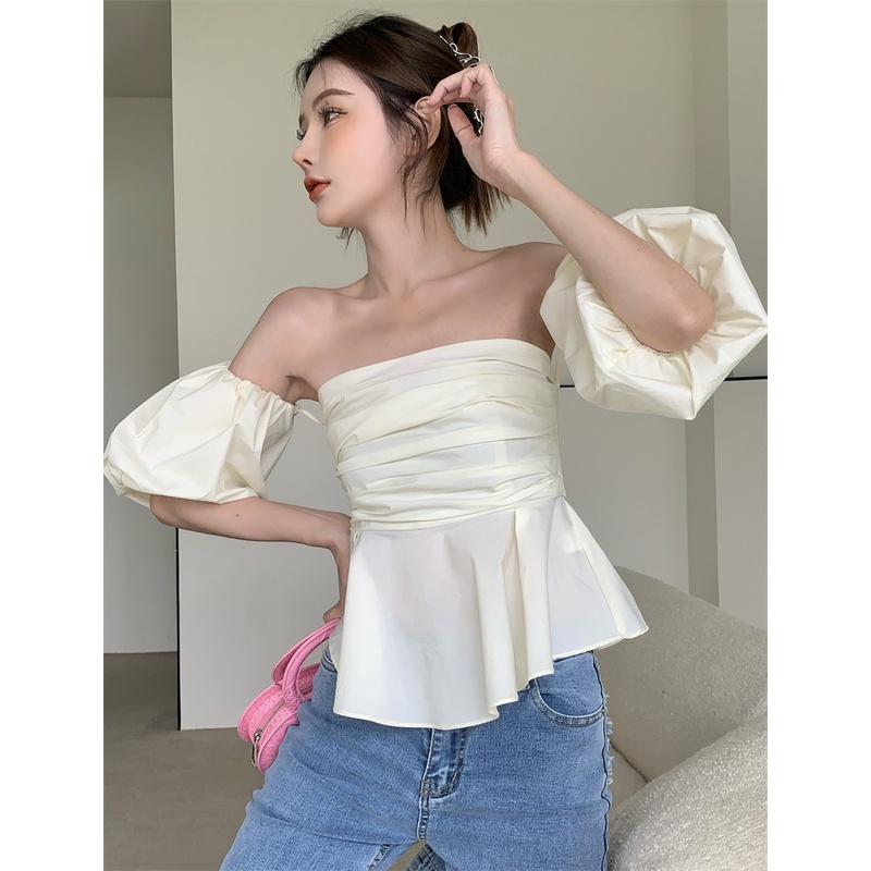 QKOOLE Áo thun trễ vai tay phồng phong cách Hàn Quốc dành cho nữ