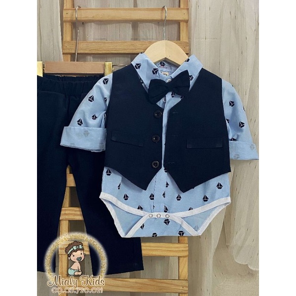 Set vest công tử xanh dương cho bé trai (6-15Kg) - Vải mịn mát cho bé