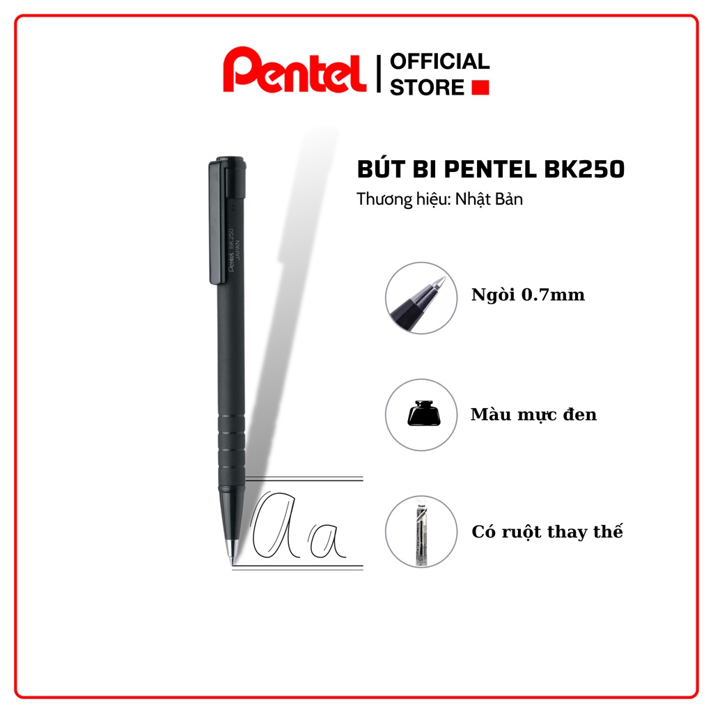 Bút Bi Nhật Bản Pentel BK250 Ngòi 0.7mm | Mực Êm Trơn | Vỏ Đen Cao Su Sang Trọng | Có Ngòi Thay Thế Xanh/ Đen Tiện Lợi |