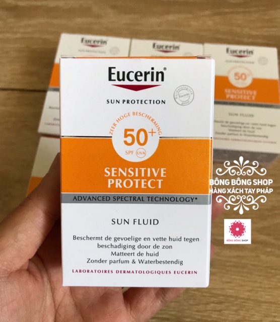 (Chuẩn Pháp) Set Kem chống nắng Eucerin Sensitive Protect Sun Fluid SPF50+ 50ml kèm kem dưỡng đêm Hyaluron-filler 20ml