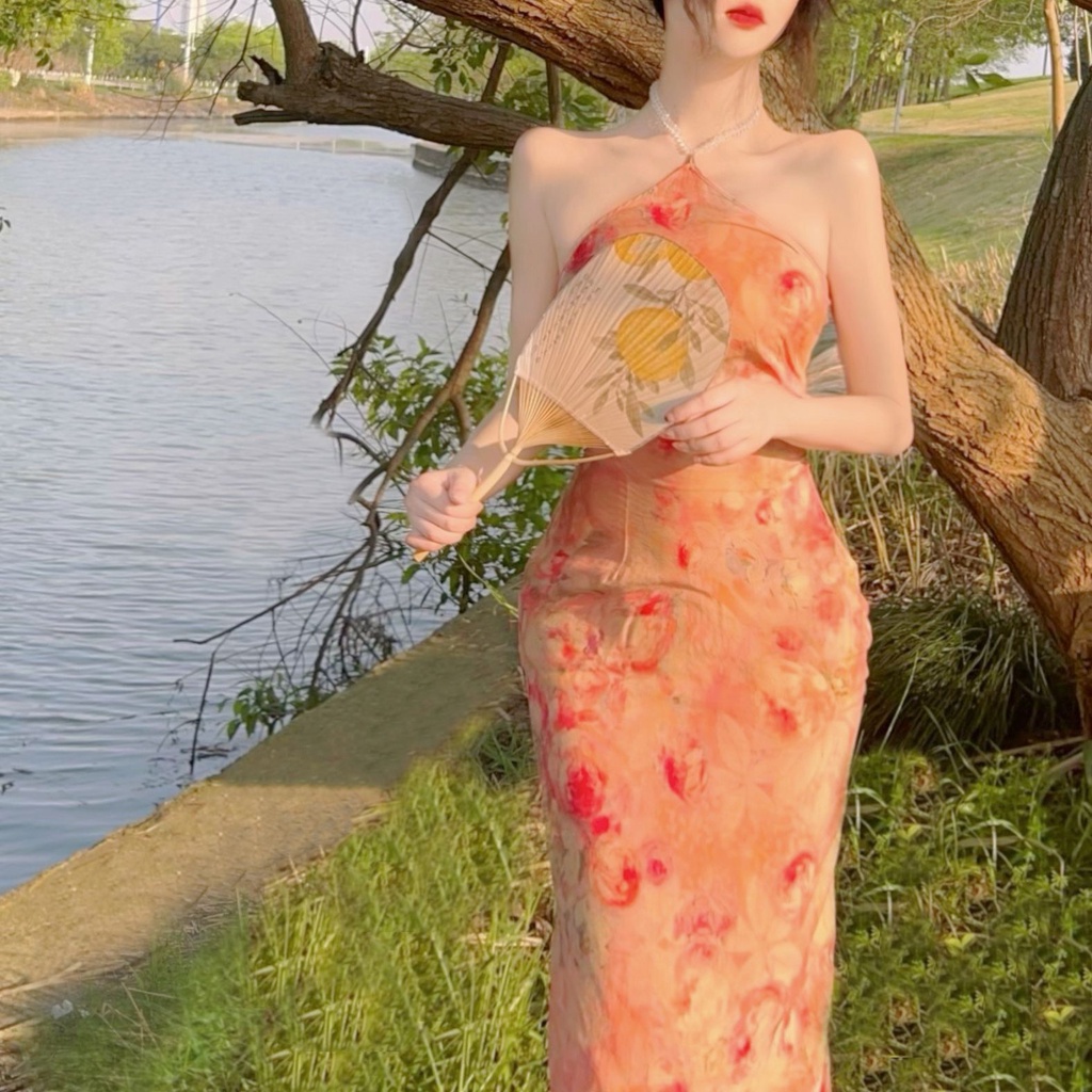 Jiashucheng Đầm Sườn Xám Cách Tân Mỏng Họa Tiết Tranh Sơn Dầu Mẫu Mới 2023