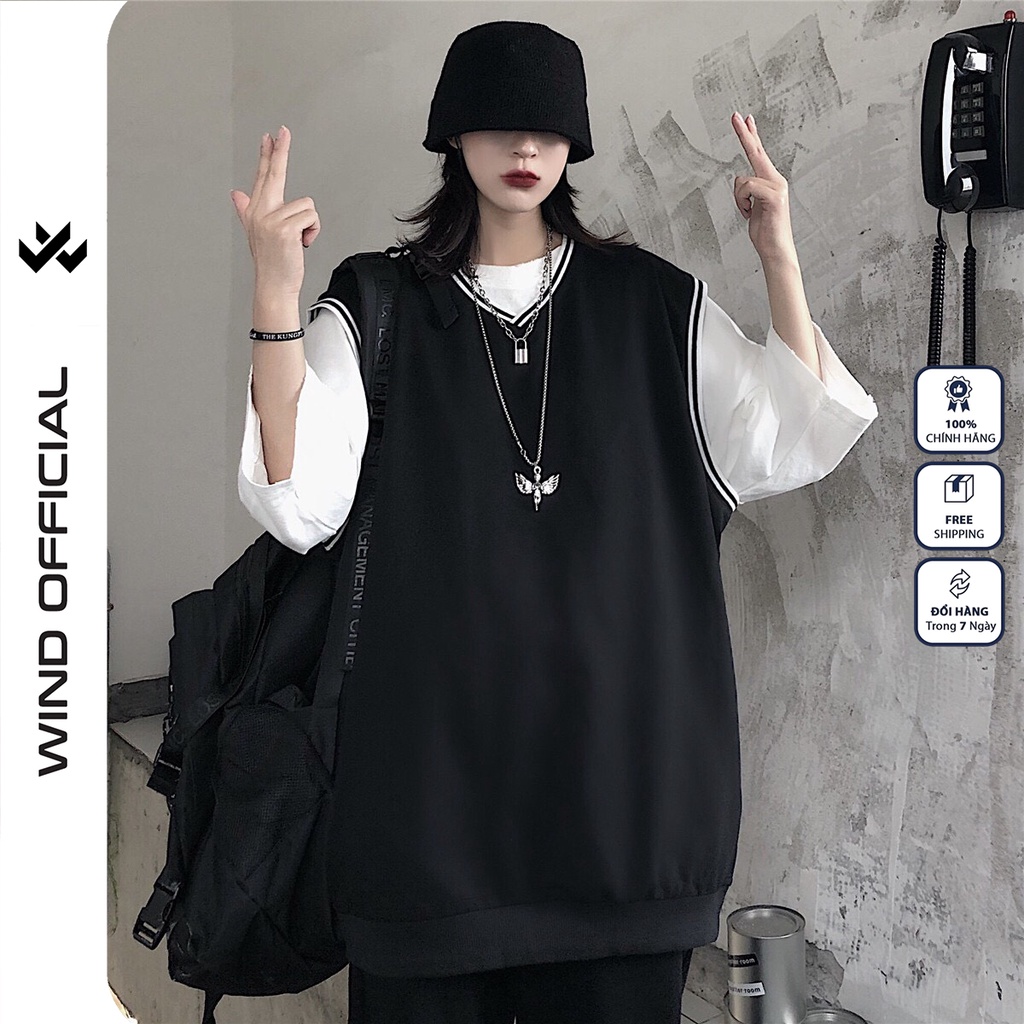 Set áo gile WIND Trơn mix áo phông tay lỡ Trắng form rộng unisex phong cách ulzzang