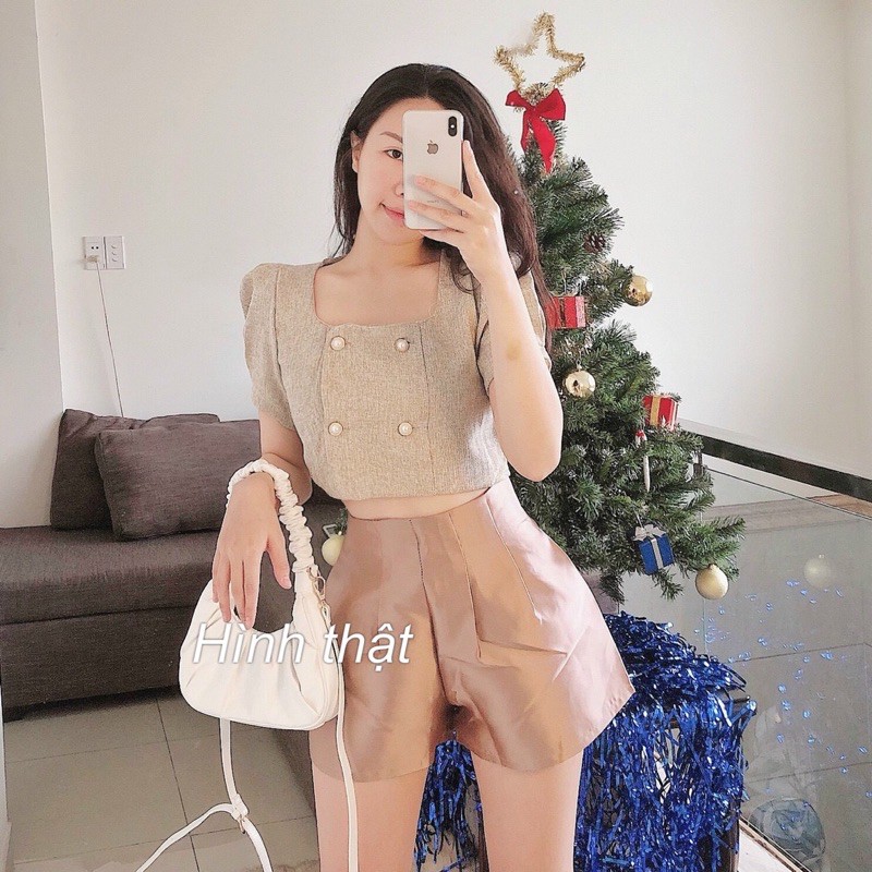 Quần bóng xếp ly eo, quần shorts đùi ngắn ống rộng phồng