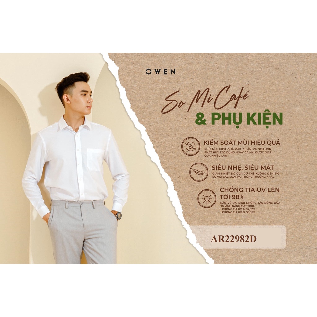 Áo Sơ Mi Trắng Nam Dài Tay Owen Chất Liệu Sợi Café Cao Cấp Mềm Mát Màu Trắng Trơn Kiểu Dáng Regular Fit Tà Lượn Có Túi