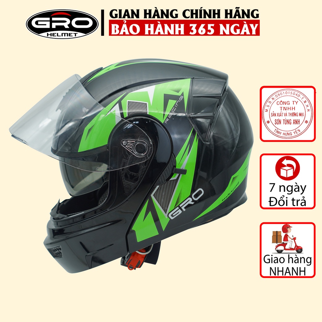 Mũ Bảo Hiểm Fullface GRO Helmet Chính hãng, thiết kế 2 kính lật hàm, khóa kim loại chắc chắn - Tem Xanh Lá