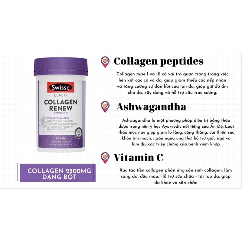 Bột uống đẹp da, căng bóng da, bổ sung collagen ngủ ngon Bột Swisse Collagen Renew Powder 120gram