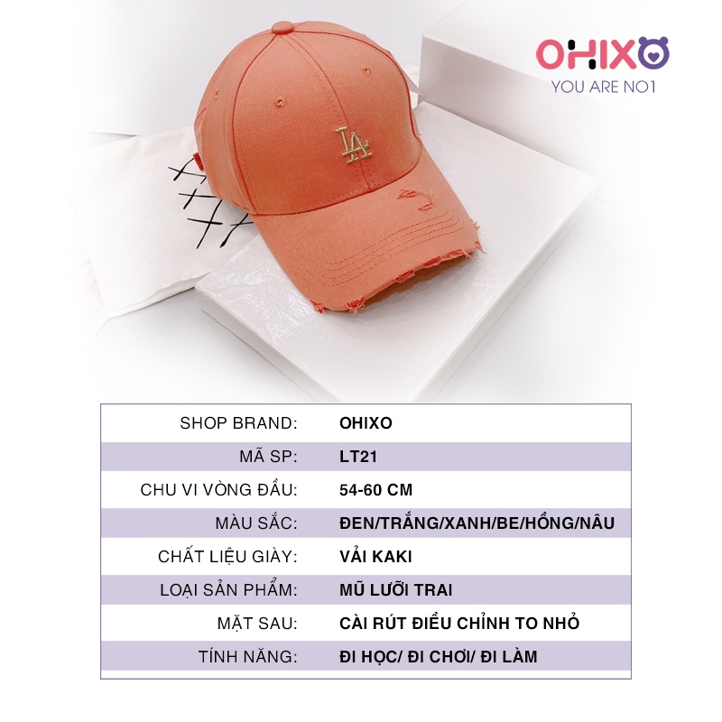 Mũ lưỡi trai nón kết LA thêu chữ rách bản xuất hàn cao cấp đơn giản thời trang phong cách ulzzang nhiều màu OHIXO LT20