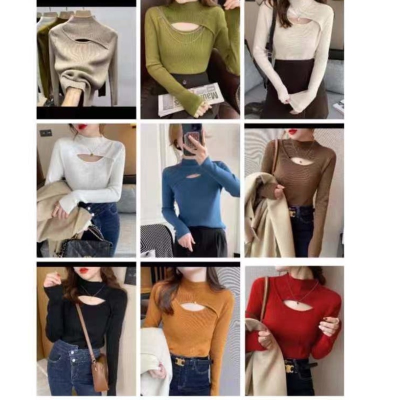 Áo dệt kim RENJIANVSHENG 204152 tay dài cổ cao khoét lỗ thời trang xinh xắn cho nữ