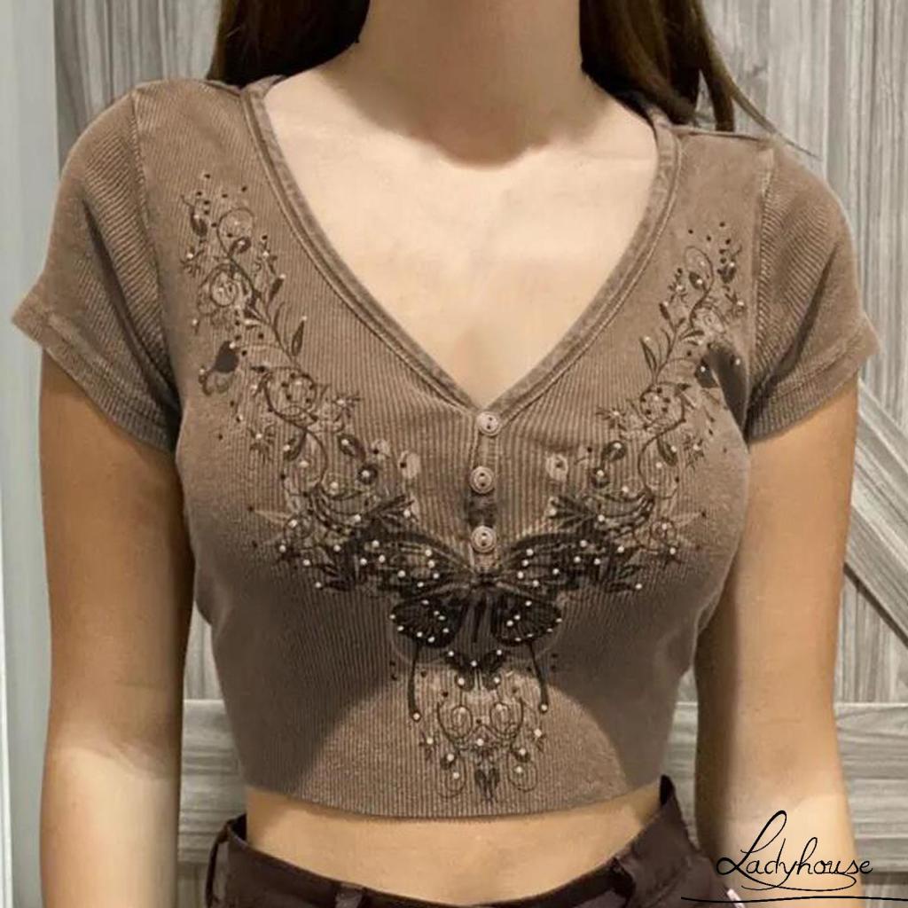 Áo croptop tay dài cổ chữ V in họa tiết cây và bướm thời trang cho nữ