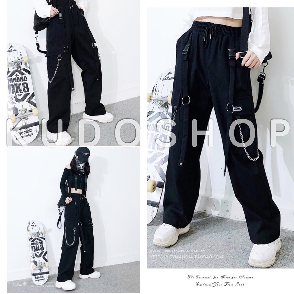 Quần suông nam nữ phối dây xích kiểu dáng jogger ống rộng unisex phong cách hàn quốc_kudoshop