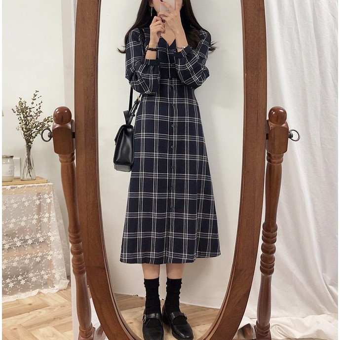 Váy dài vintage caro cổ tim form suông phối khuy phong cách ulzzang Hàn Quốc V12 - Peyy Clothing | BigBuy360 - bigbuy360.vn
