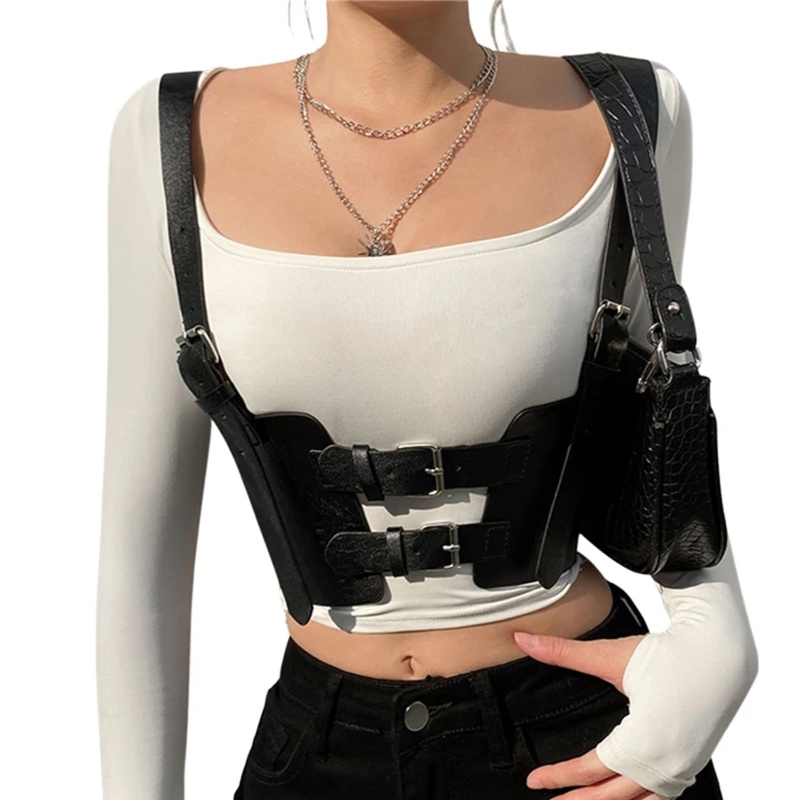 Đai Nịt Bụng Bằng Da Có Dây Đeo Phong Cách Punk Cá Tính