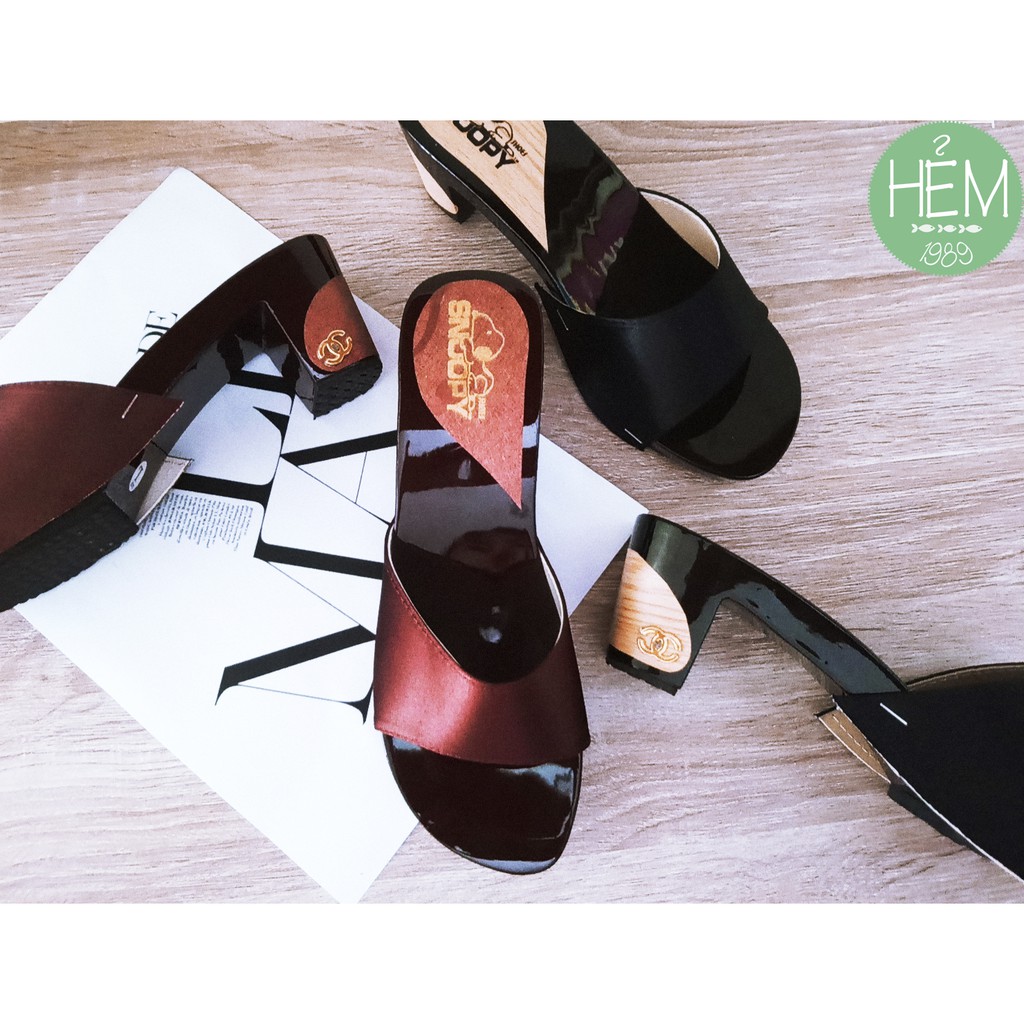 Guốc gỗ gót vuông 6 phân snoopy, quai vải nhiều mẫu