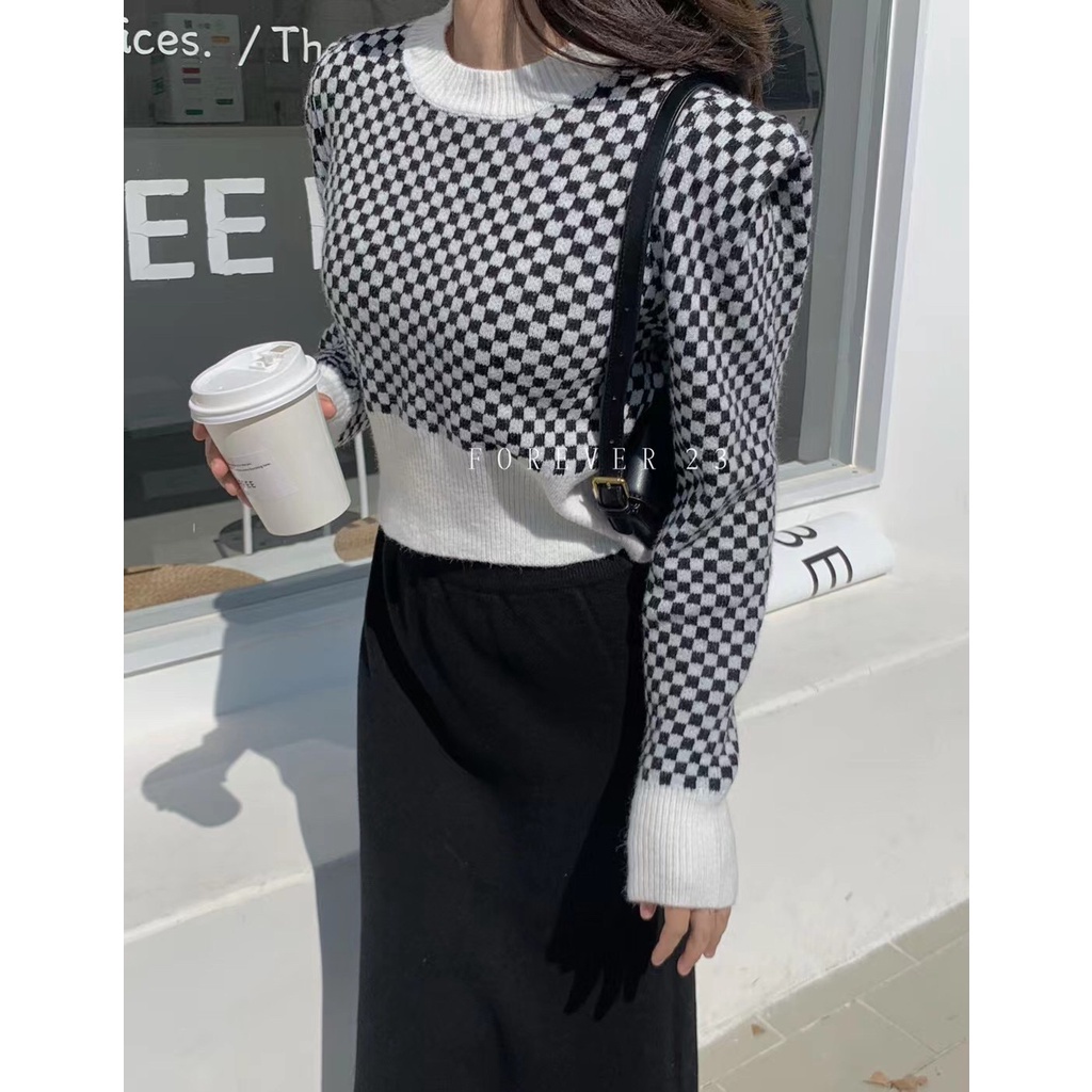 SUXI Áo croptop dệt kim tay dài cổ tròn họa tiết kẻ sọc thời trang Hàn Quốc cho nữ