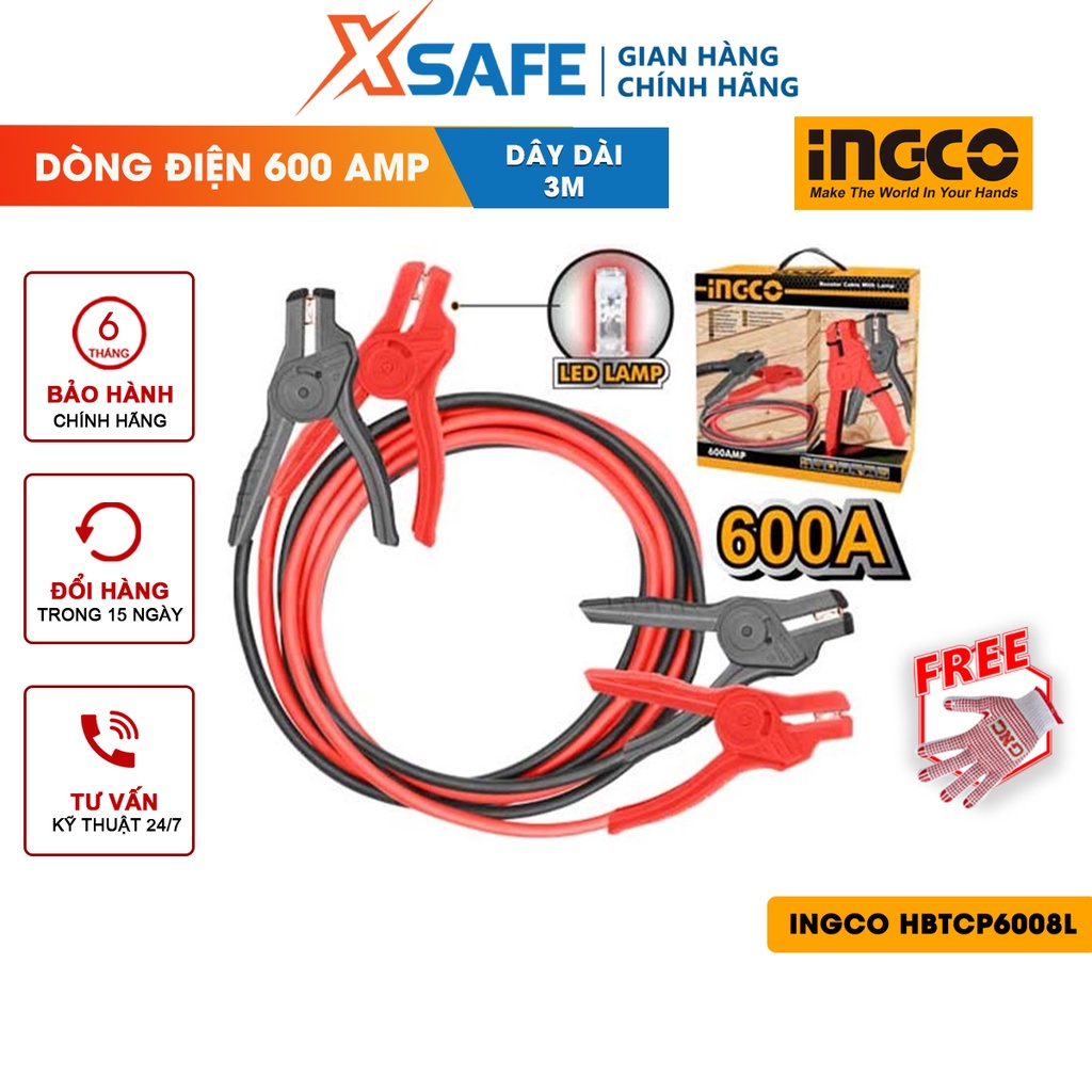 Dây cáp sạc bình có đèn led INGCO HBTCP6008L 600AMP, dây đồng, chiều dài cáp 3m