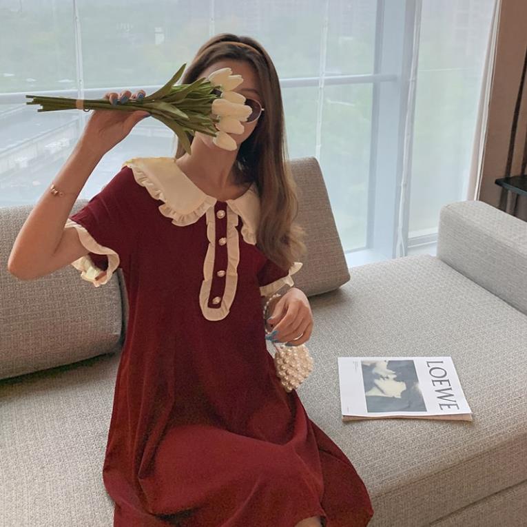 Váy Bầu Đầm Bầu Mùa Hè Ngắn Tay Cổ Sen Phối Tay Bèo Đẹp Thời Trang HD2613 Honey Mommy !