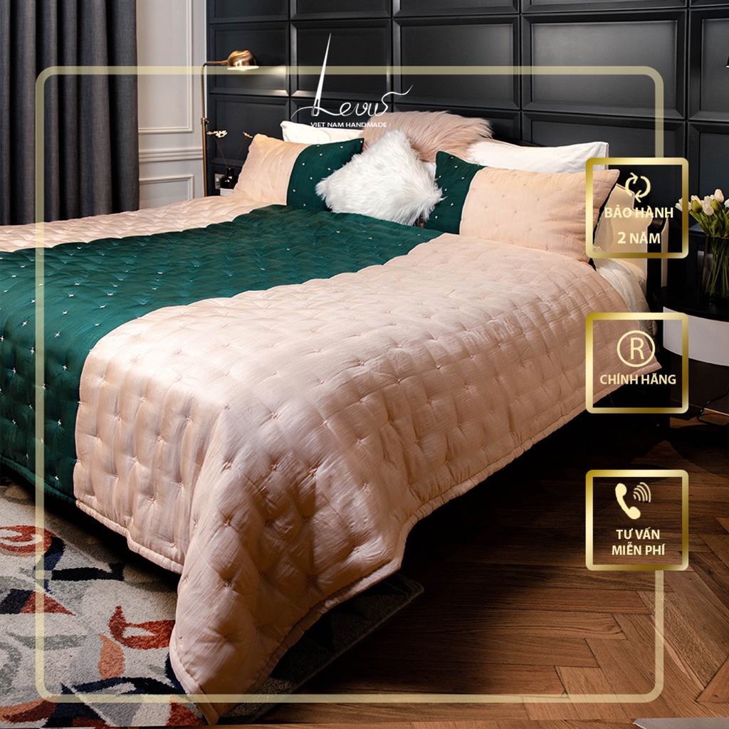 Chăn lụa cao cấp cam nhạt phối xanh bộ đội khâu dúm thủ công - Levu