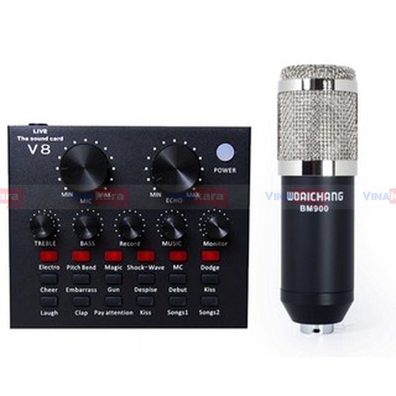 Combo bộ mic thu âm livestream Micro BM900, Sound card V8, Chân kẹp mic hát karaoke, bông lọc đầy đủ hát