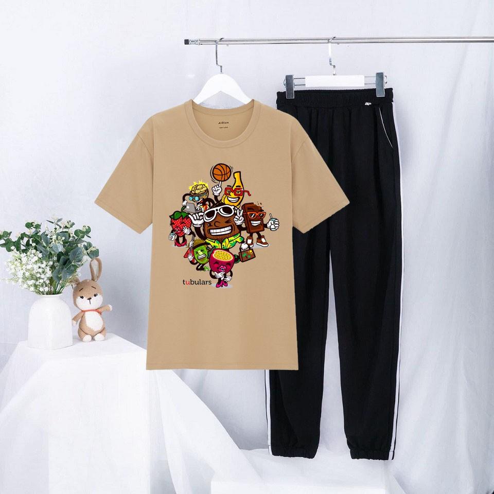 Set Bộ Quần Áo Mùa Hè Nữ Mặc Đi Chơi Xinh Cute, Áo Cotton Ngắn Tay In 3D Hoa Quả Nổi Loạn Mix Quần Thun Bo Gấu