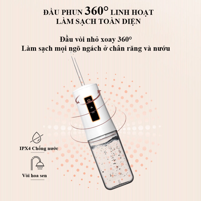 Máy Tăm Nước Cầm Tay Giá Rẻ, 3 chế độ làm sạch, đầu phun xoay 360 độ, chống nước 100%