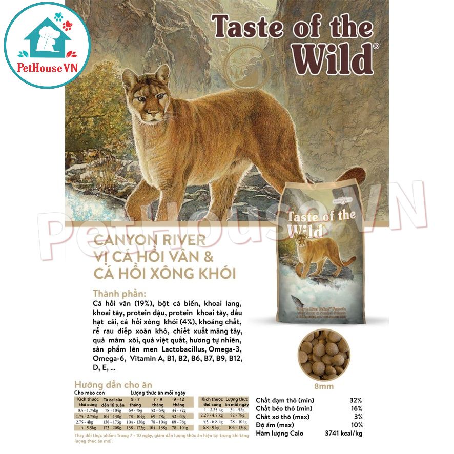 Túi 500G TASTE OF THE WILD CANYON RIVER - Thức Ăn Hạt Cho Mèo Vị Cá Hồi Vân & Cá Hồi Xông Khói Hàng Chính Hãng