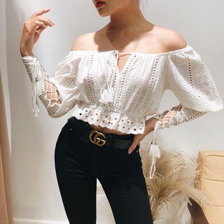 ÁO ĐAN DÂY TAY TRẮNG REN