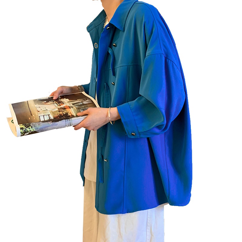 Giảm Giá Áo Sơ Mi Nam Cài Nút Tay Áo Ba Lỗ Dáng Rộng Màu Xanh Dương Phong Cách Hồng Kông Nhật Bản Thời Trang Mùa Xuân Hè