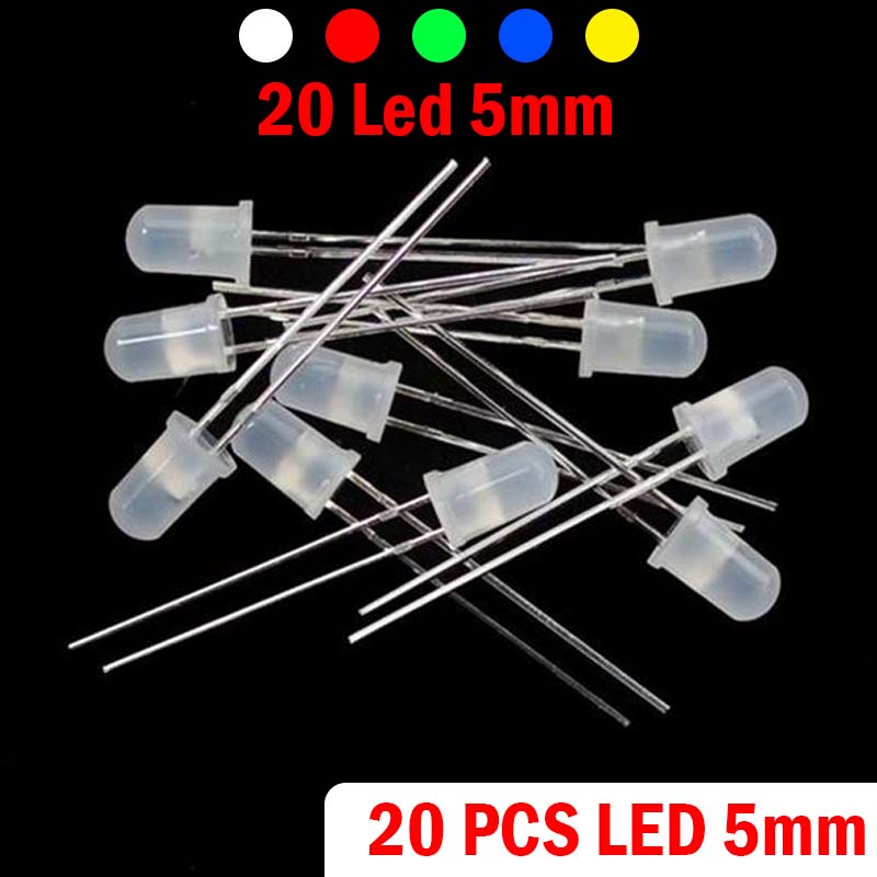 Led phi 5mm đục siêu sáng gói 20 con, led siêu sáng chân dài các màu đỏ vàng xanh