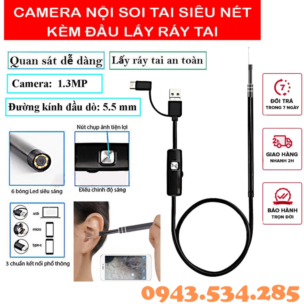 [ Xả kho tết] Camera Nội Soi Tai Siêu Nét Đi Kèm Bộ Đầu Lấy Ráy -️ Nhỏ Gọn, Chống nước-️FREESHIP