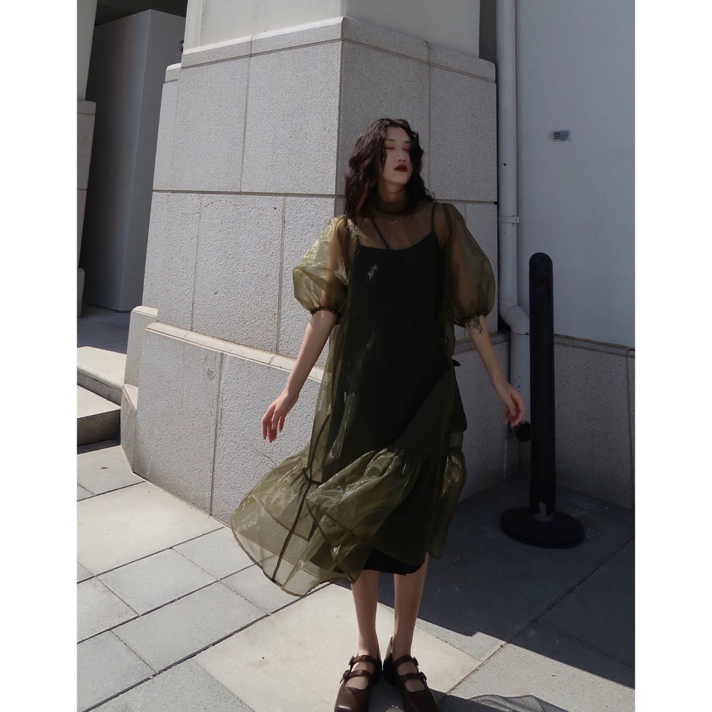 Đầm phối lưới phồng màu xanh lá size lớn thời trang mùa hè châu Âu dành cho nữ