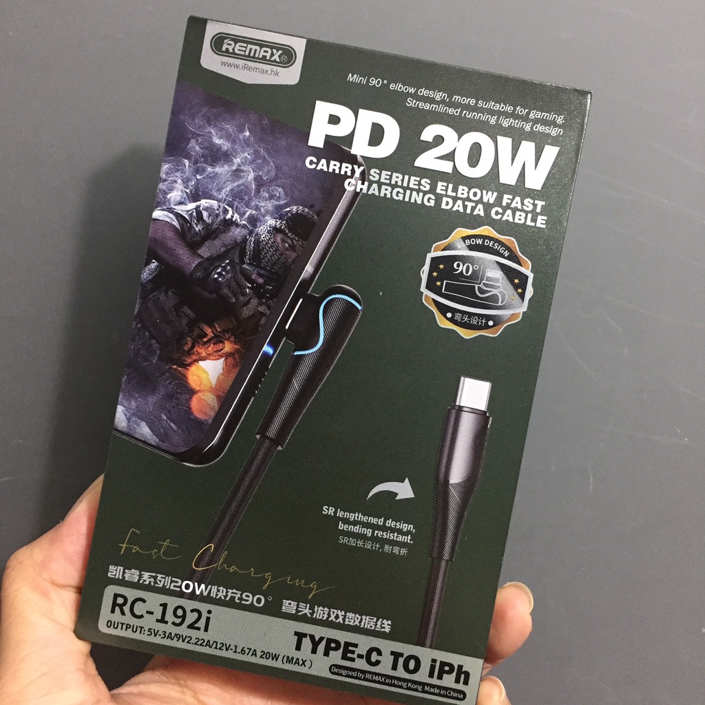 Cáp sạc ip CtoL PD20W có LED đầu chữ L chống gãy gập Remax RC192i (1m)