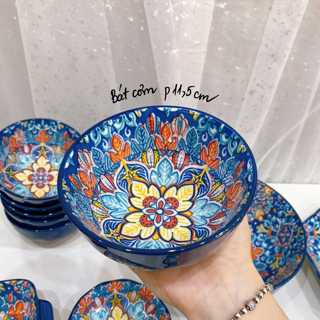 Bộ sư tập bát, đĩa sứ họa tiết thổ cẩm - Set bộ thổ cẩm xanh dương Bohemian 14 món