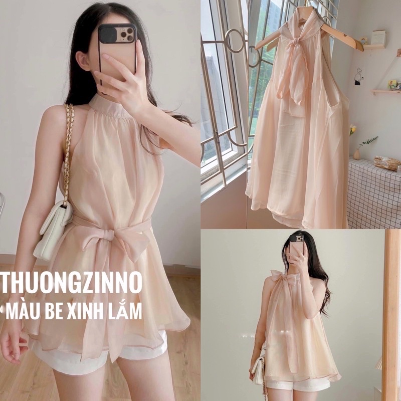 [Ảnh thật/Video]Áo sơ mi voan tơ cổ nơ mặc được hai kiểu Áo yếm mềm mại