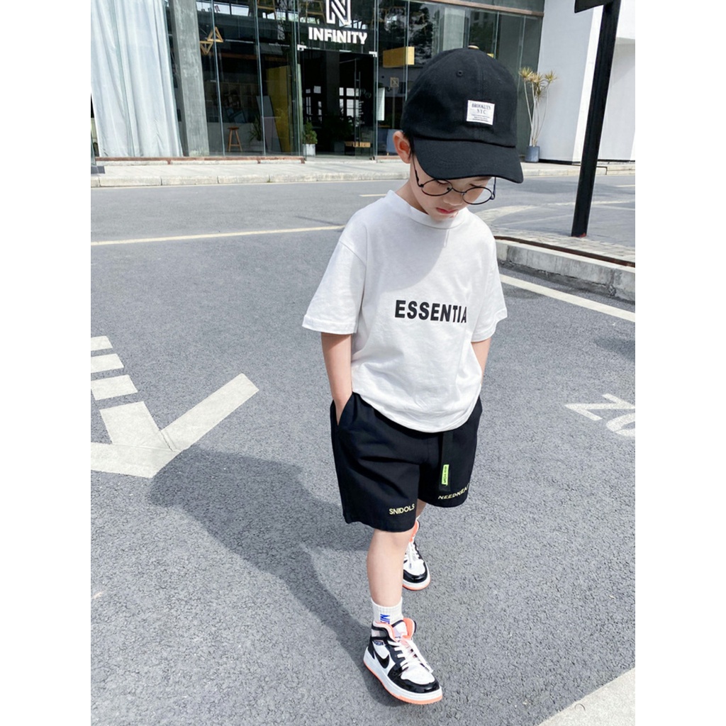Áo cộc tay cho bé FUHA, áo thun cotton 4 chiều cổ tròn chữ ESSENTIAL bé 8kg đến 18kg