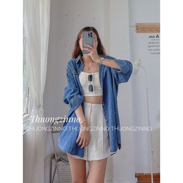 [Ảnh thật/Video] Áo sơ mi bò dài tay cách điệu phần túi ngực  Hàn Quốc Áo sơ mi jean dài tay basic khoác ngoài