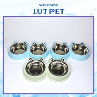 Bát ăn hai ngăn ếch ộp cute chó mèo - Tô nhựa kèm khay nước cho chó mèo (1 cái)