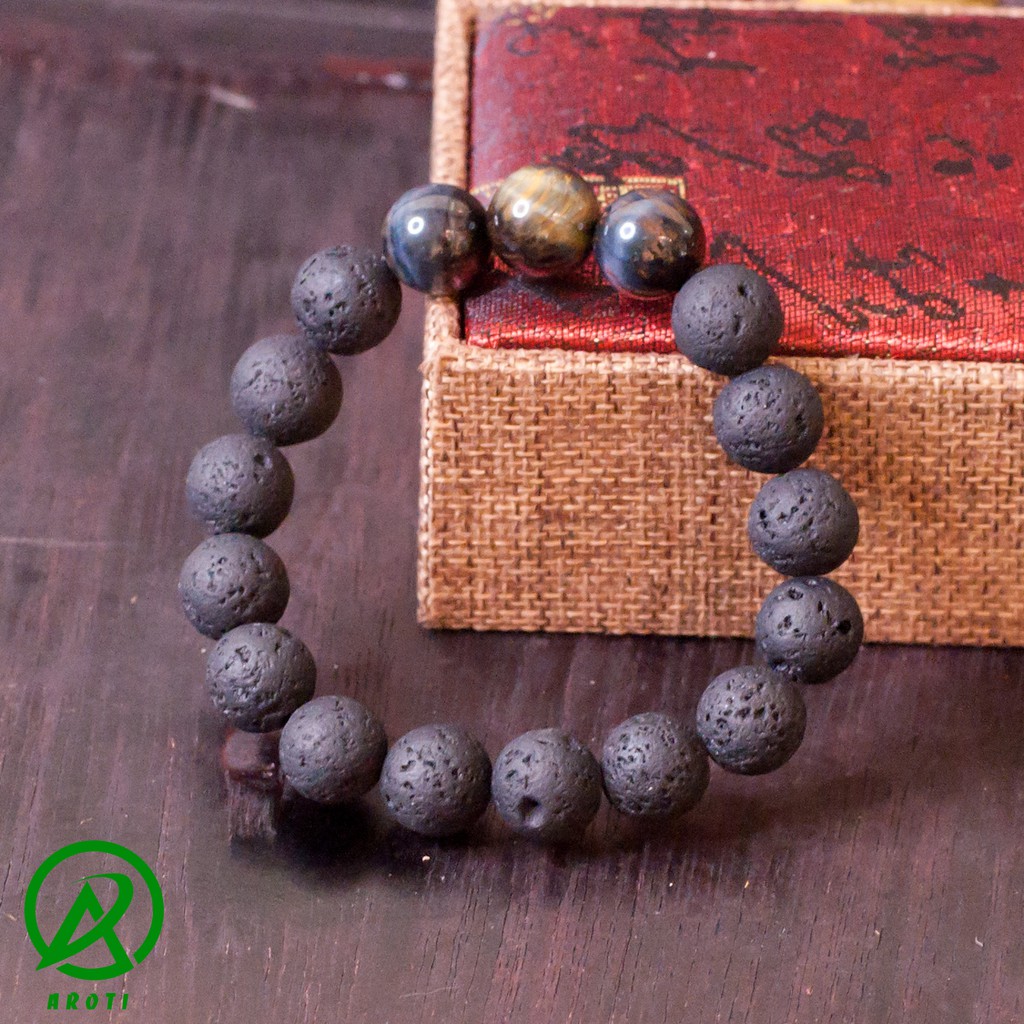 V219-12 Vòng phong thủy đá núi lửa 12 ly mix mắt hổ chim ưng V219-12(HL)- Kèm Vòng Gỗ Huyết Long