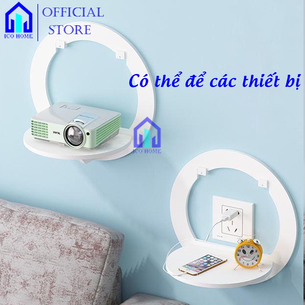 Kệ treo tường trang trí, kệ đa năng thông minh bằng gỗ cao cấp màu trắng, có thể gắn ổ điện làm chỗ sạc điện thoại